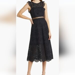 Sam Edelman Black Eyelet Cutout Midi Dress Boho Romantic Cap Sleeve Size 10